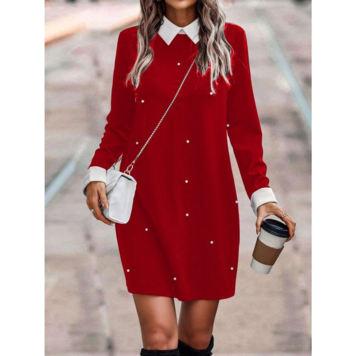 Lucky Life Kadın Uzun Kollu Polo Yaka Inci Detay Krep Elbise