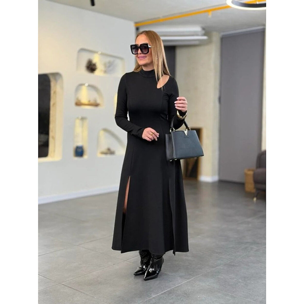 Lucky Life Kadın Balıkçı Yaka Damla Detaylı Yırtmaçlı Uzun Viskon Iki Iplik Maxi Elbise