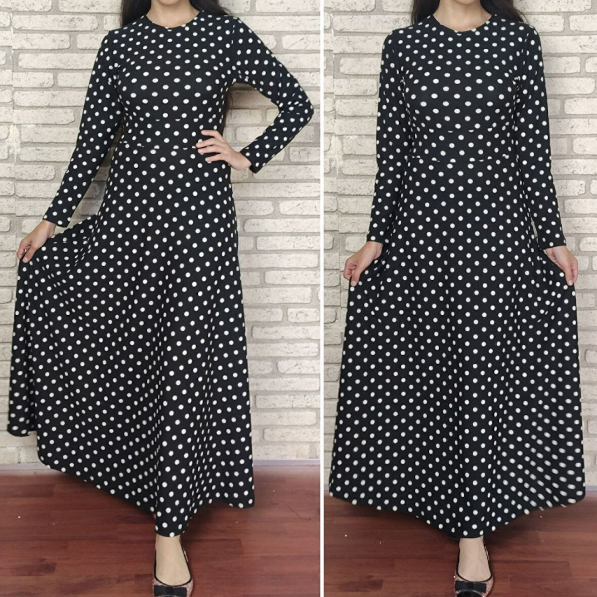 Lucky Life Kadın Siyah Tam Boy Beyaz Puantiyeli Elbise