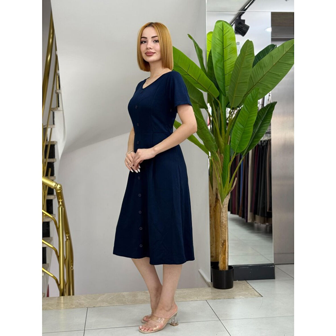 Lucky Life Kadın Kısa Kollu V Yakalı önden Düğmeli A Kesim Dokuma Elbise