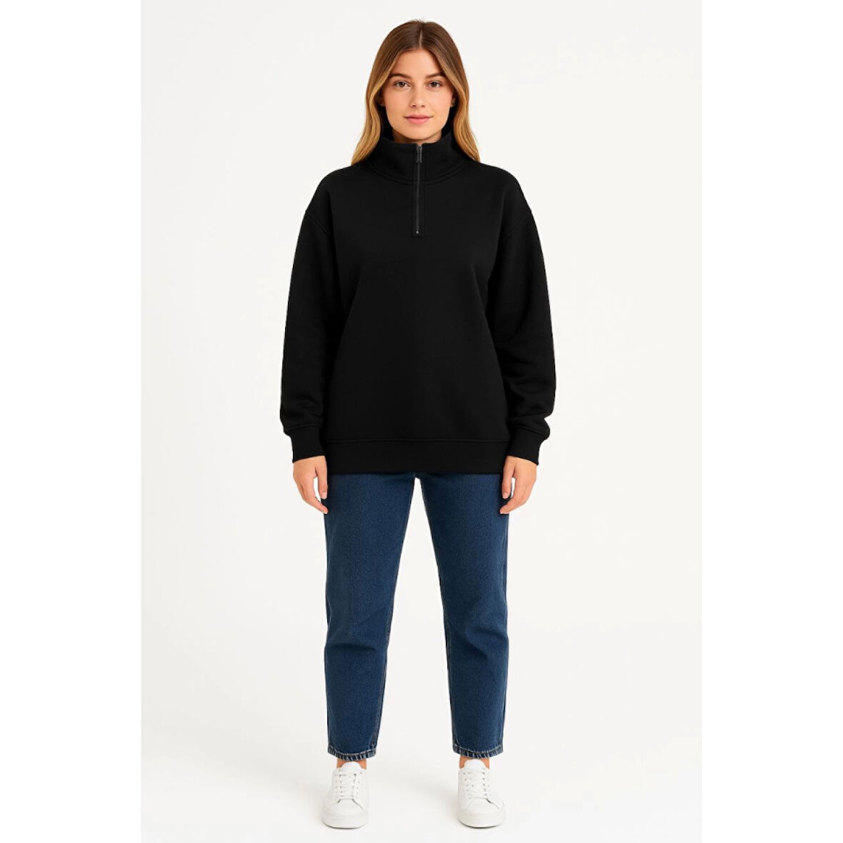 Lucky Life Üç İplik Dık Yaka Yarım Fermuarlı SweatShirt - Siyah