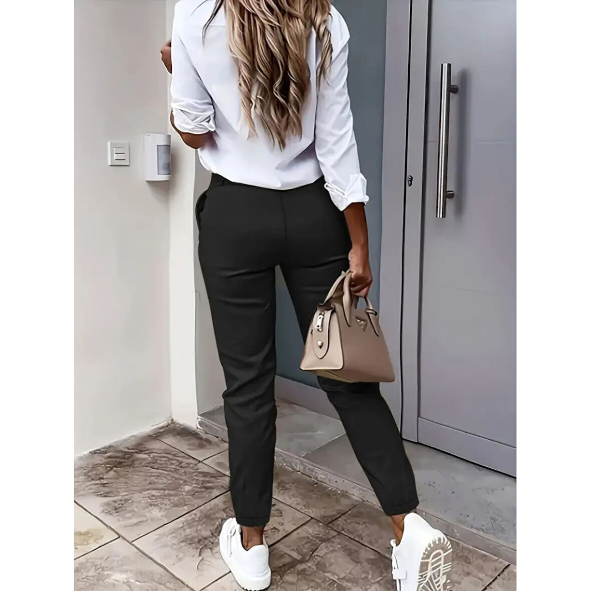 Lucky Life Kadın Yüksek Bel önden Düğmeli Cepli Bilek Lastik Detay Atlas Pantolon