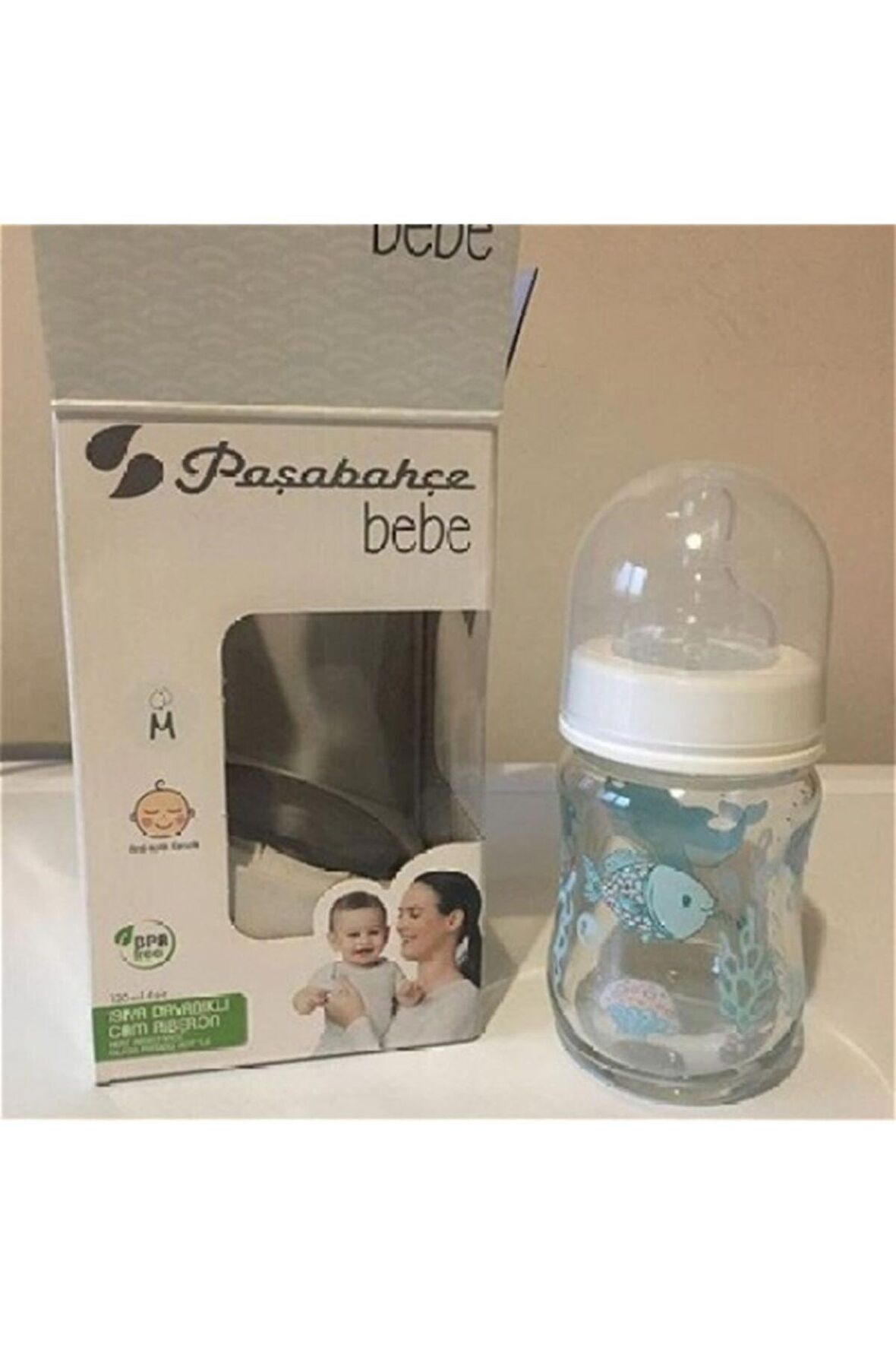 Paşabahçe borcam emzikli cam biberon 120 ml. ısıya dayanıklı desenli