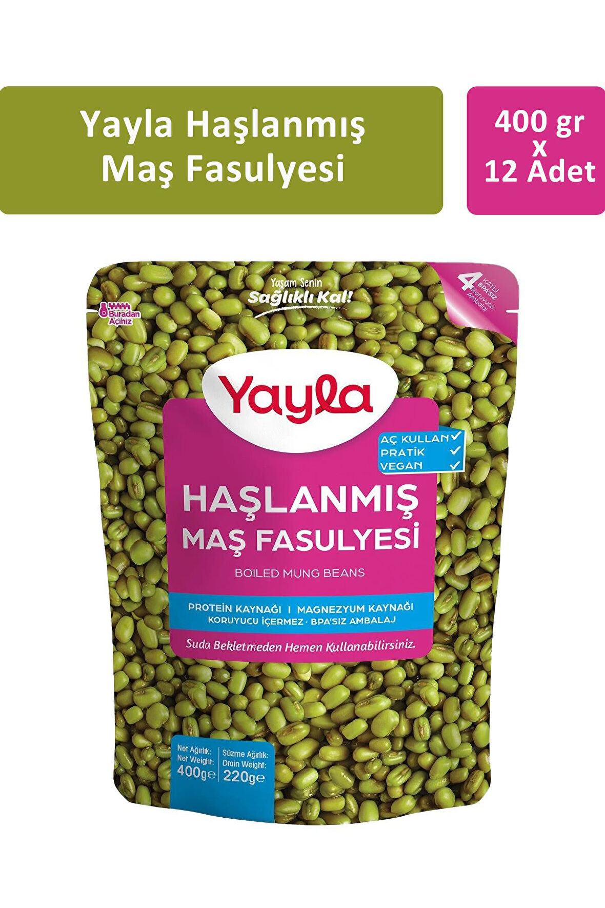 Yayla Haşlanmış Maş Fasulyesi 400 gr x 12 Adet