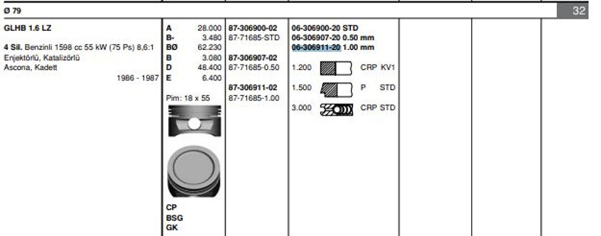 Opel Motor Segmanı Ascona C Kadett E (1,6lz) / (100) - Goetze 63069112g