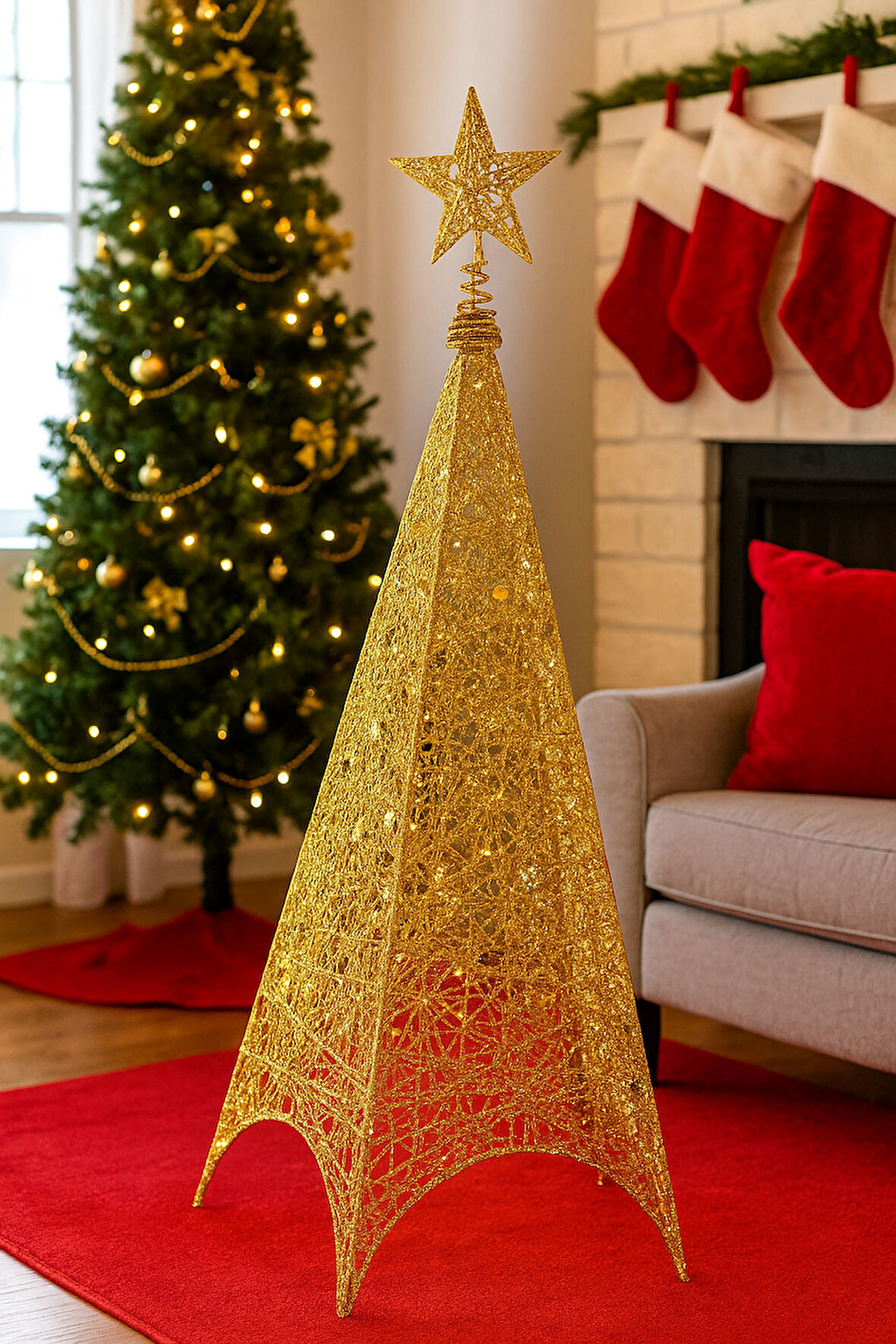 125 Cm Yılbaşı Tel Kule - 3 Boyutlu Altın (Gold) Renkli Lüks Dekoratif Kule Işıklı Çam Ağacı Alternatifi