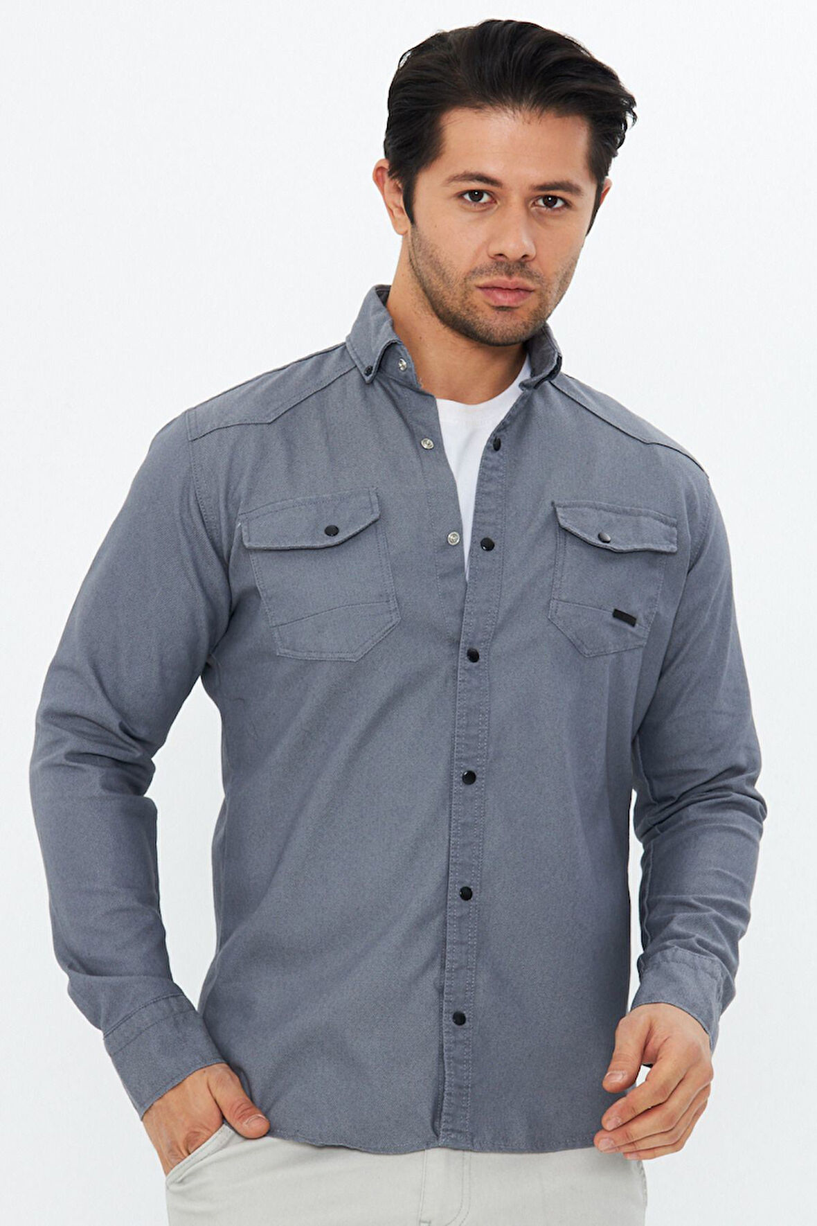 Erkek Gri Slim Fit Dar Kalıp Çift Cepli Pamuklu Kot Gömlek