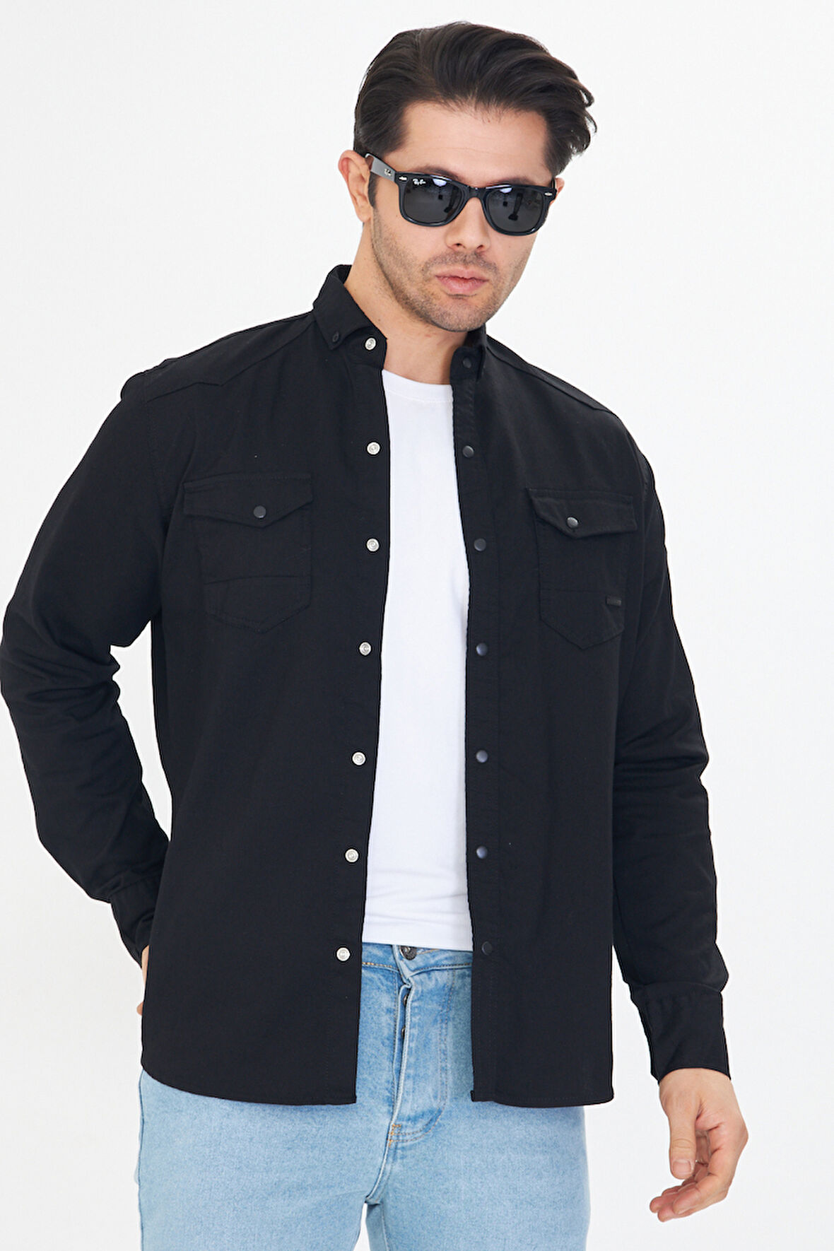 Erkek Siyah Slim Fit Dar Kalıp Çift Cepli Pamuklu Kot Gömlek