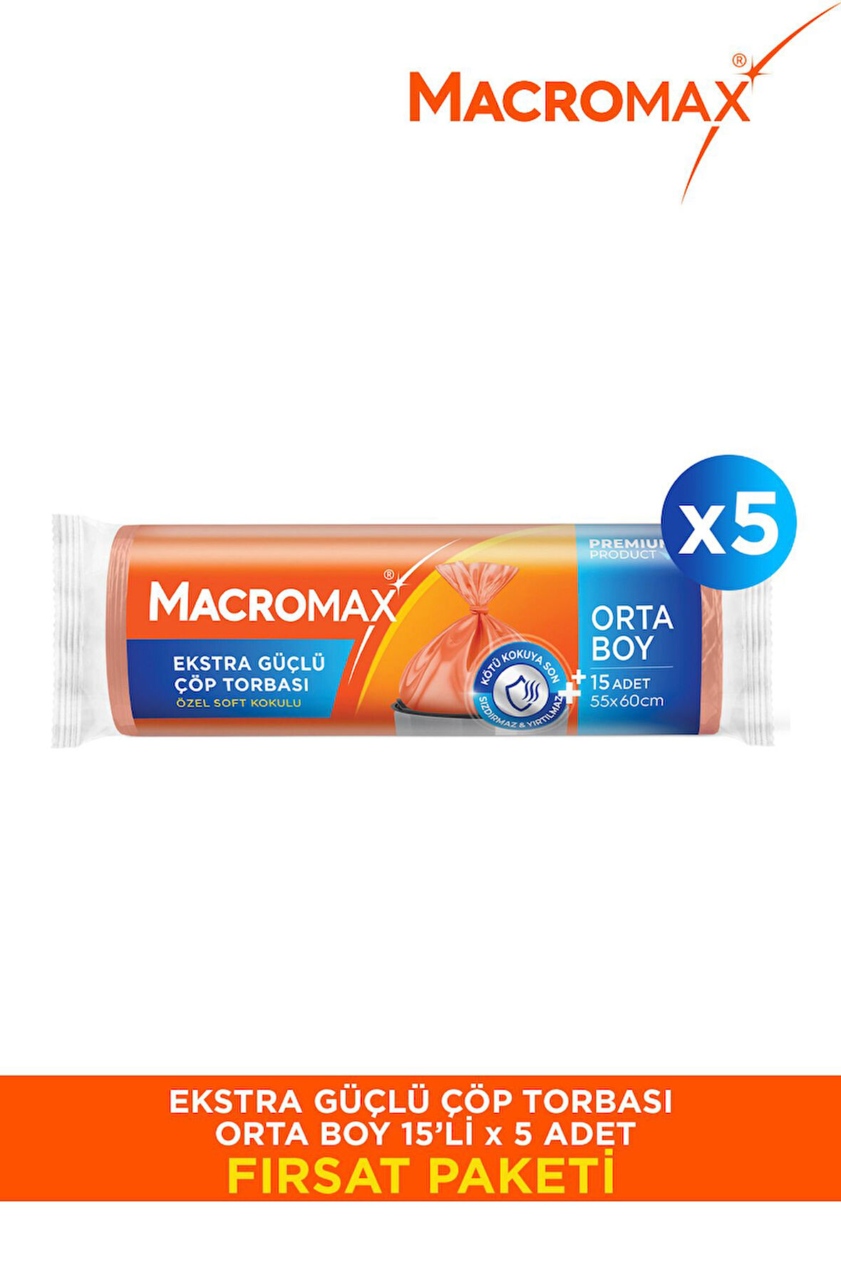 Ekstra Güçlü Çöp Torbası Orta Boy - 15 Li Paket X5