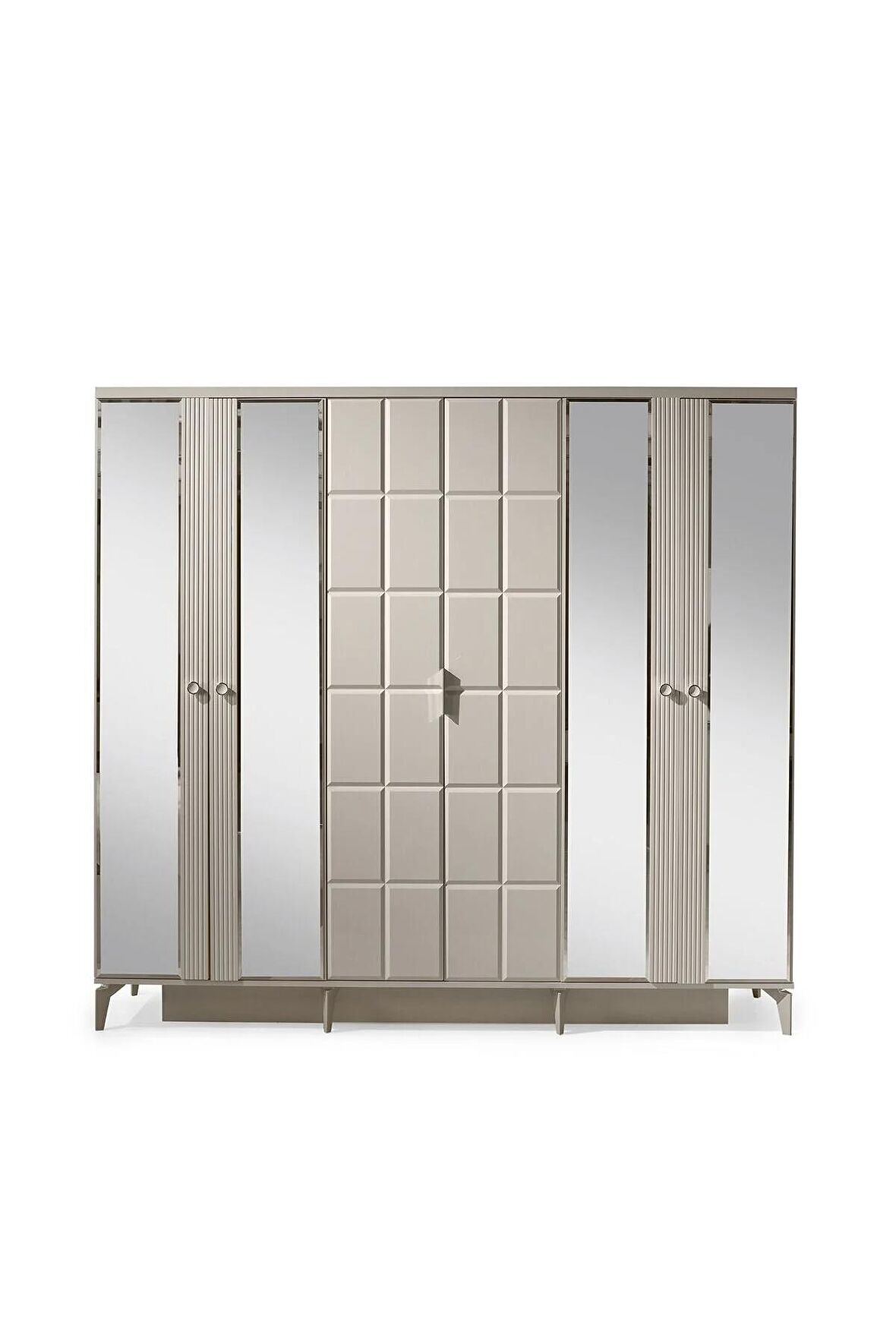 Paris Gardırop-mdf-kum Beji-230x58x210cm-6 Kapak-aynalı Kapak-ücretsiz Nakliye Ve Montaj