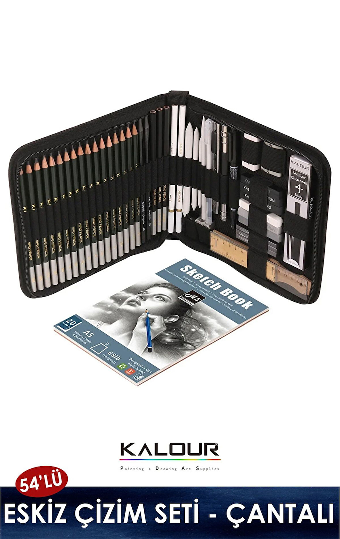 Kalour 54'lü Eskiz Karakalem Çizim Seti- Çantalı (Defter Hediyeli)