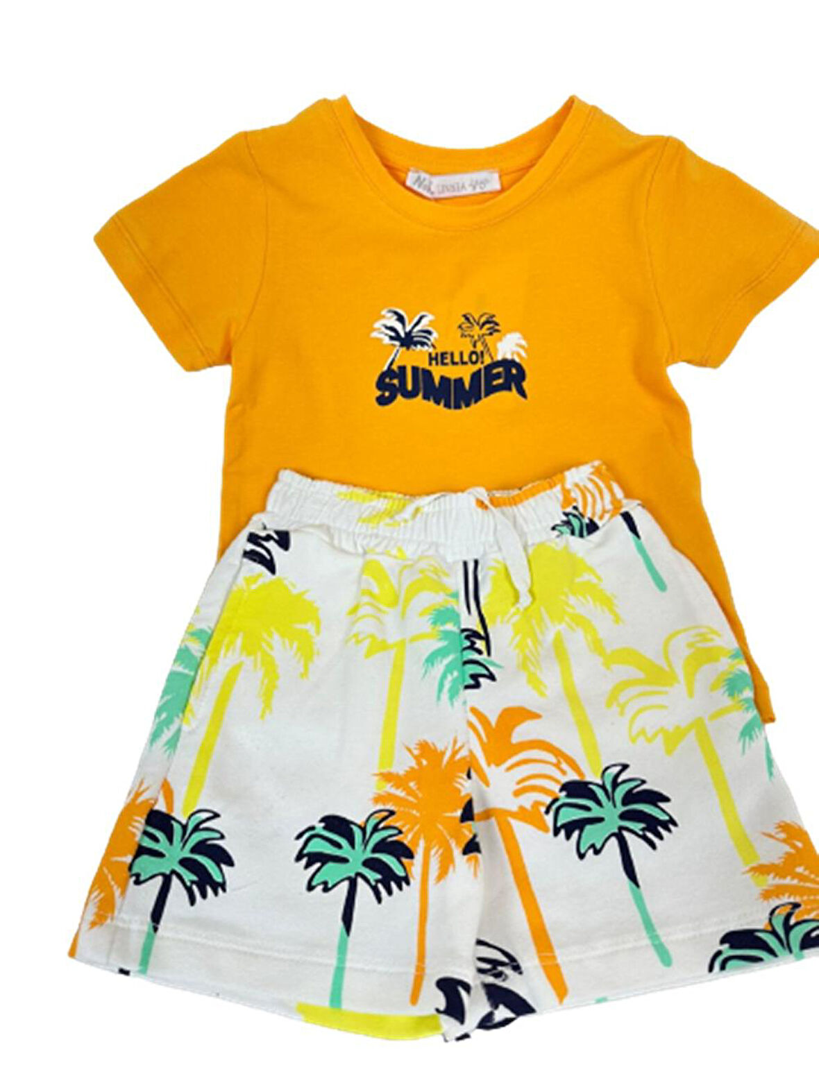 Erkek Çocuk Hello Baskılı Sarı T-Shirt  Palmiye Desenli Şort %100 Pamuk İkili Takım