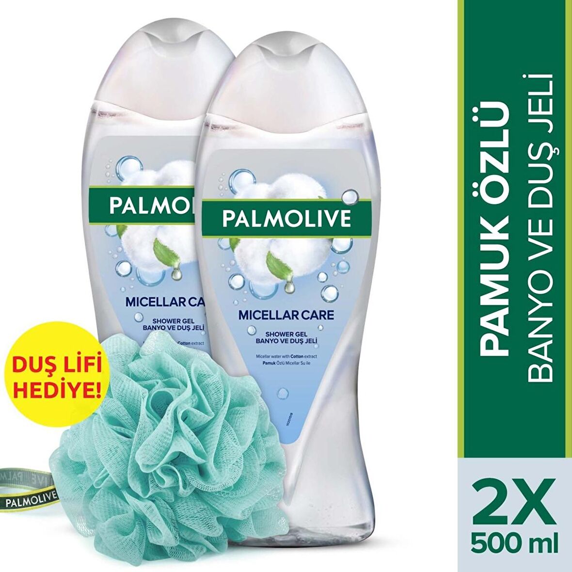 Palmolive Duş Jeli Micellar Care Pamuk Özlü 2 x 500 ml + Duş Lifi