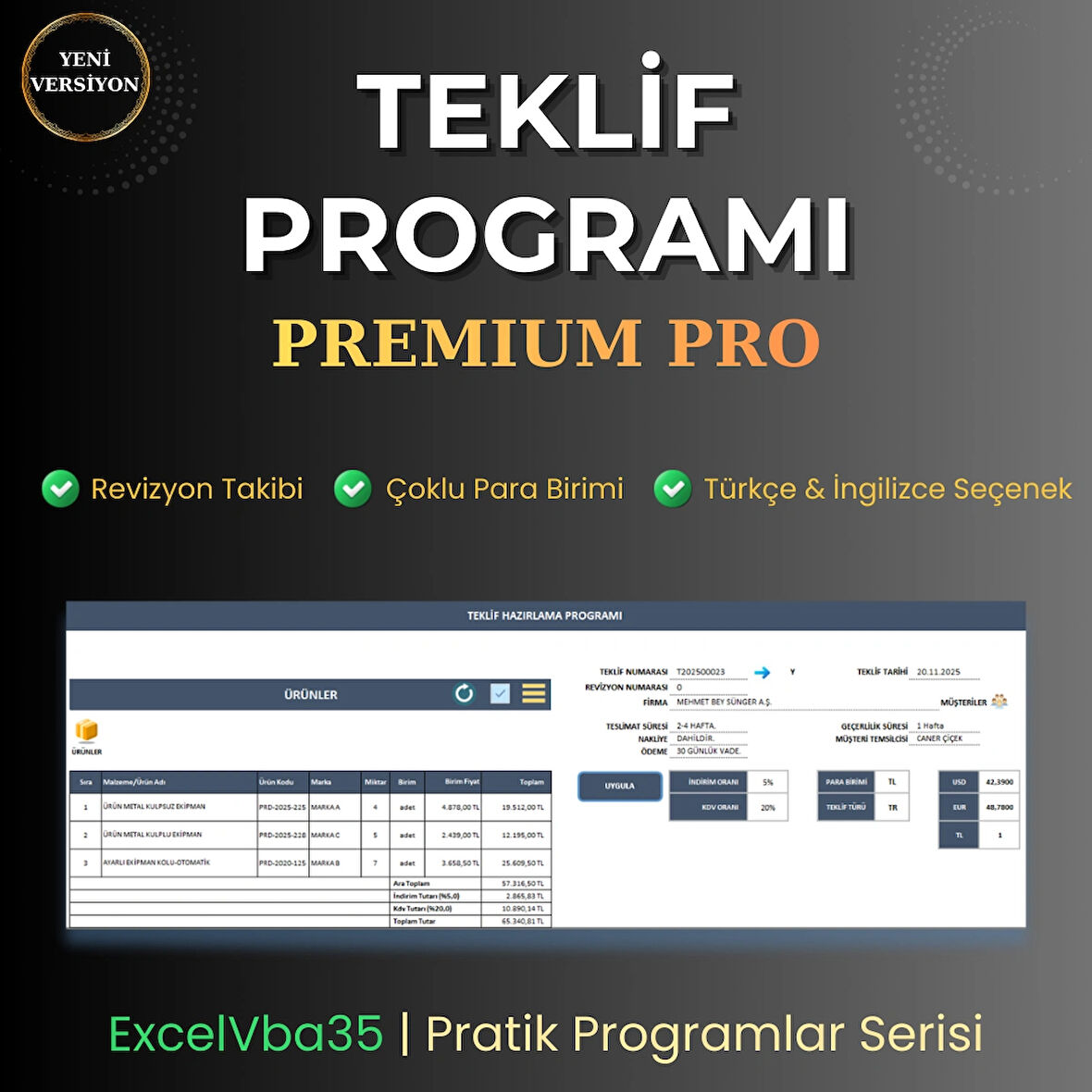 Teklif Hazırlama Programı Premium Pro – Excel Tabanlı Lisanslı Yazılım (Dijital Teslim)