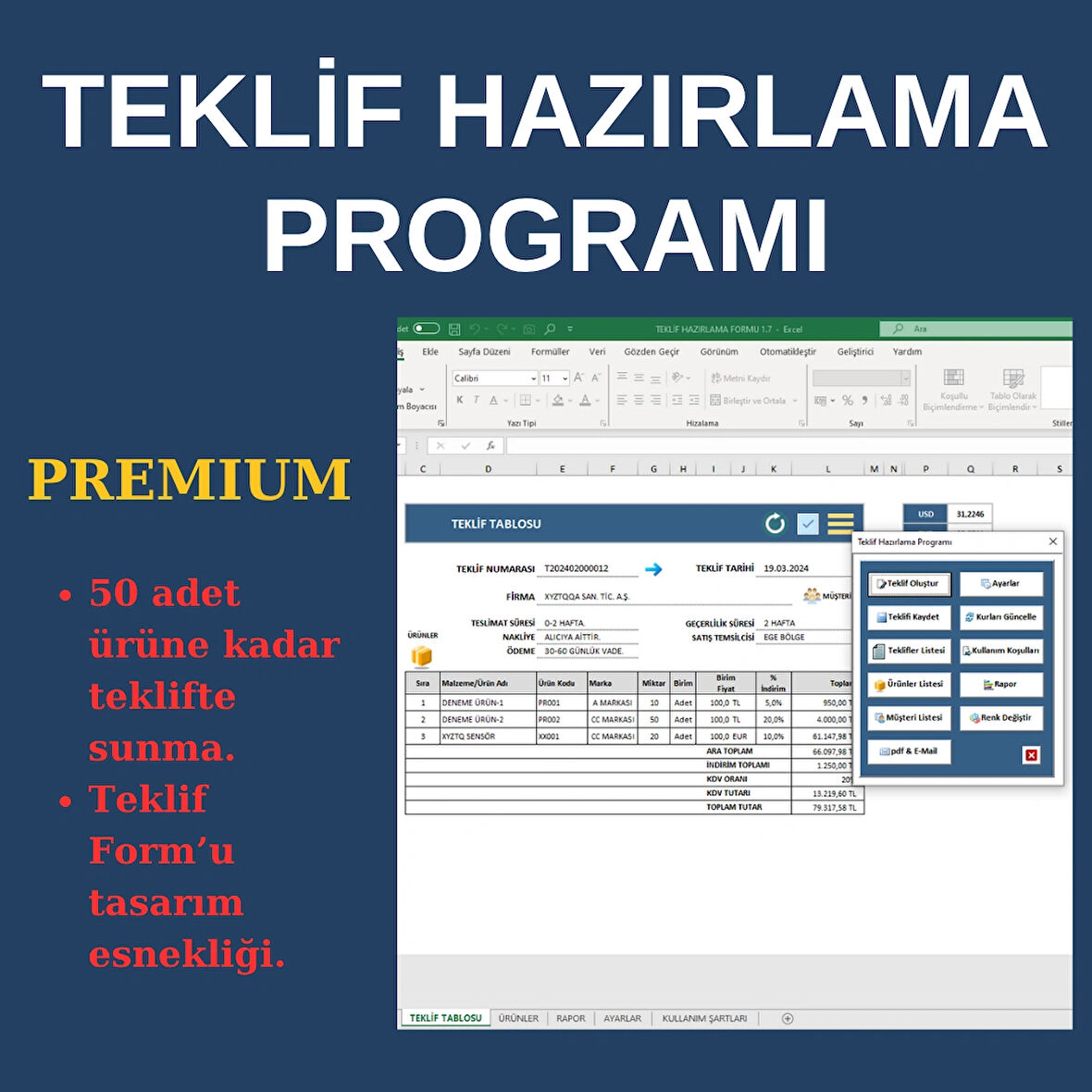 Premium Teklif Hazırlama Programı – Excel Tabanlı Lisanslı Yazılım (Dijital Teslim)
