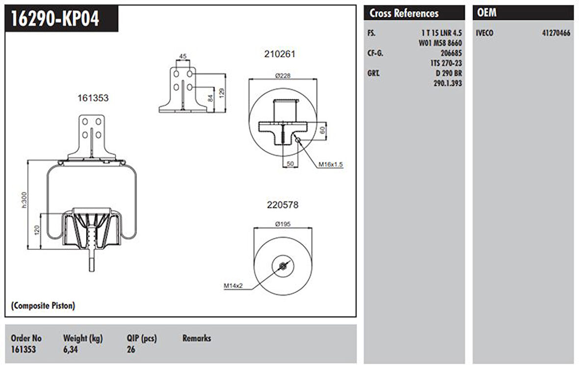 Volvo Truck Komple Plastık Piston - İveco / Stralıs 400 / Eurotech 440e Fp / P4x2 Arka Sag - Connect MD 16290-Kp04