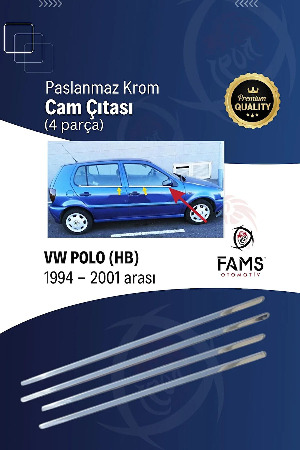 Vw Polo Krom Cam Çıtası 4 Parça 1994-2001 Paslanmaz Çelik. (HB)
