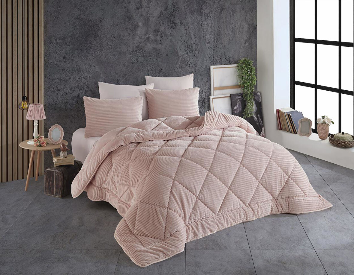 COMFORT YORGAN SETİ ÇİFT KİŞİLİK STRİPE PUDRA