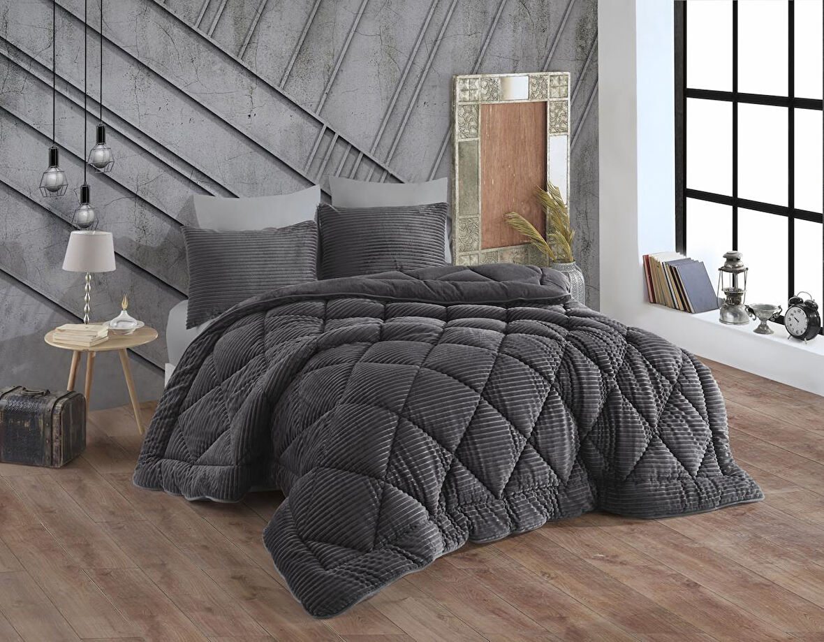 COMFORT YORGAN SETİ ÇİFT KİŞİLİK STRİPE ANTRASİT