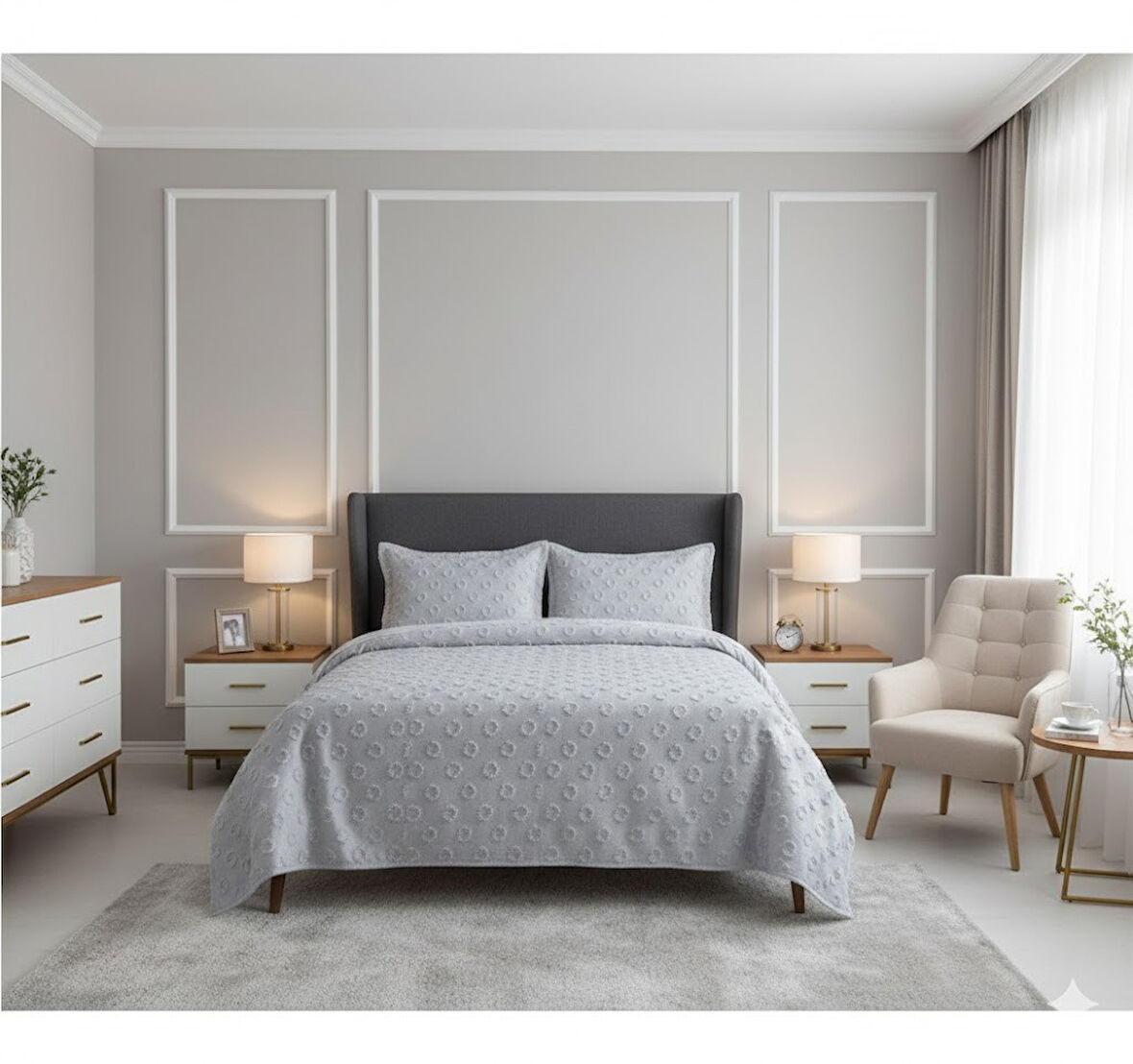 JAKARLI  SAKALLI YATAK ÖRTÜSÜ TEK KİŞİLİK DAMLA GRİ