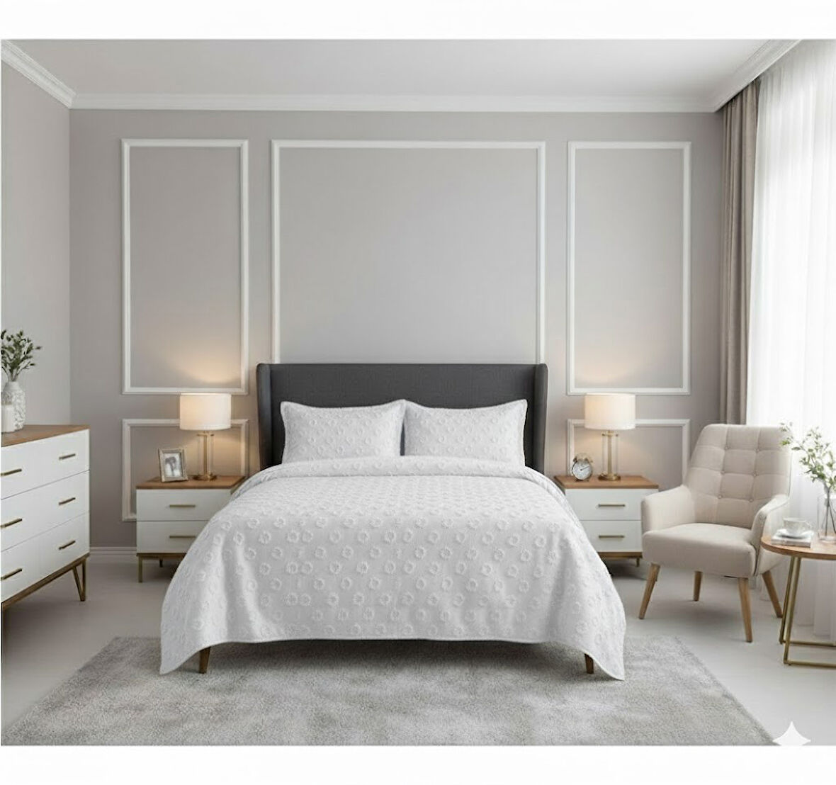 JAKARLI  SAKALLI YATAK ÖRTÜSÜ TEK KİŞİLİK DAMLA KREM