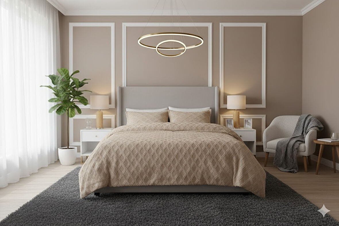 JAKARLI  SAKALLI YATAK ÖRTÜSÜ TEK KİŞİLİK EVA KAPUCCİNO