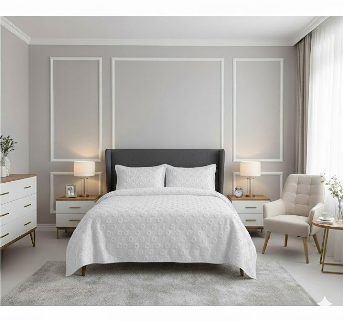 JAKARLI  SAKALLI YATAK ÖRTÜSÜ ÇİFT KİŞİLİK MARİA KREM