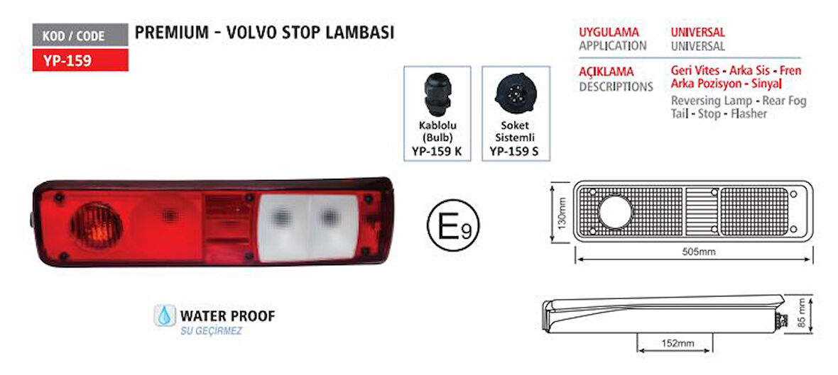 Renault Truck Stop Lambası Renault Premium Volvo Kablolu   Sag - Yuceplast Yp-159 K R