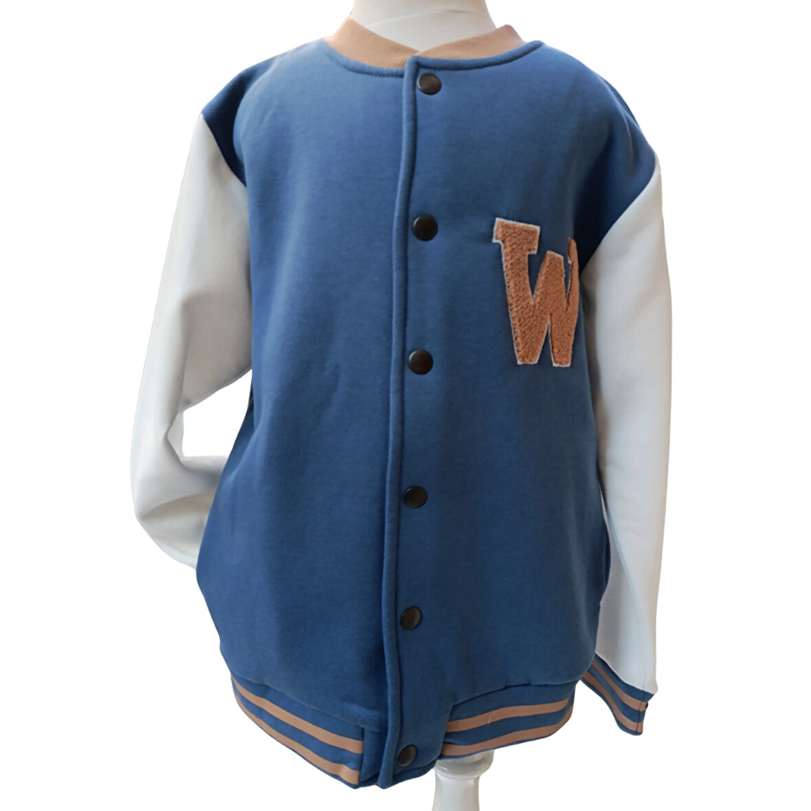 Erkek Çocuk Kolej Mont Mavi - Krem W Nakışlı Şardonlu Tam Kalıp