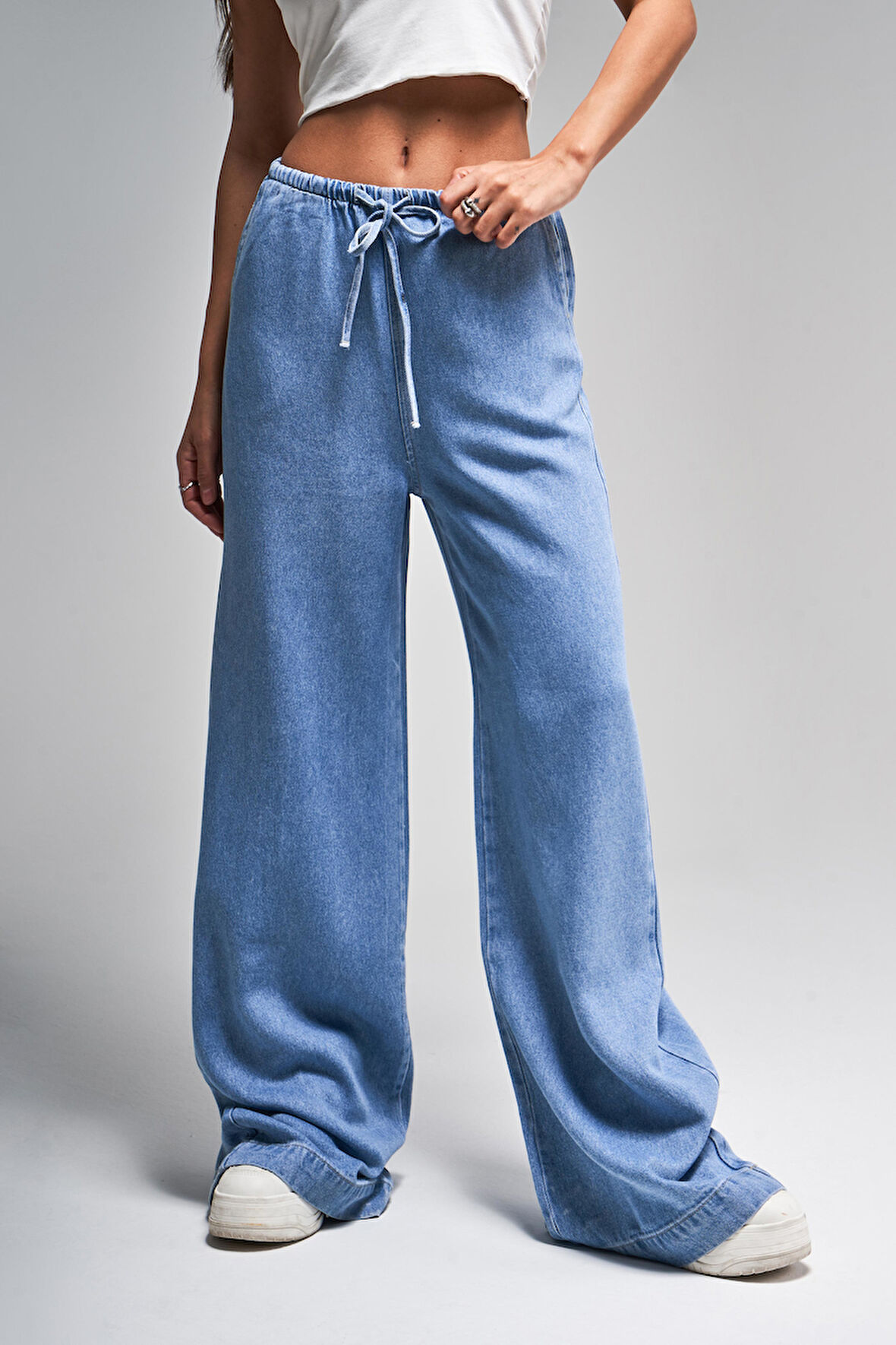 Kadın Kot Rengi 1s5-4 Beli Lastikli Süper Palazzo Fit %100 Koton Denim Jean