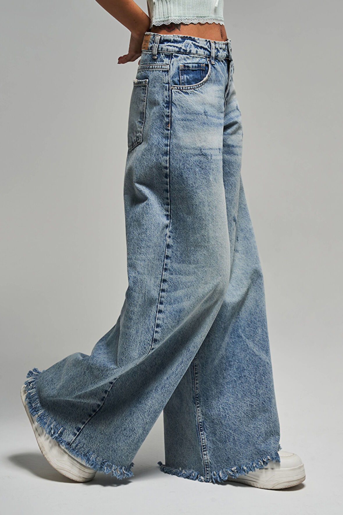 Kadın Kot Rengi 12s5-32 Palazzo Fit Paça Püsküllü %100 Koton Orta Bel Denim Jean