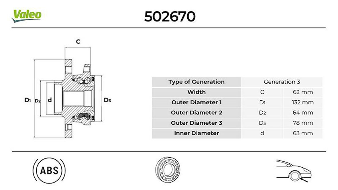 Volvo On Teker Rulmanı (poryalı ) Volvo C30 S40 II 06>12 V50 04>10 C70 II Cabrıo 06>13 5 Bijon Abslı - Valeo 502670