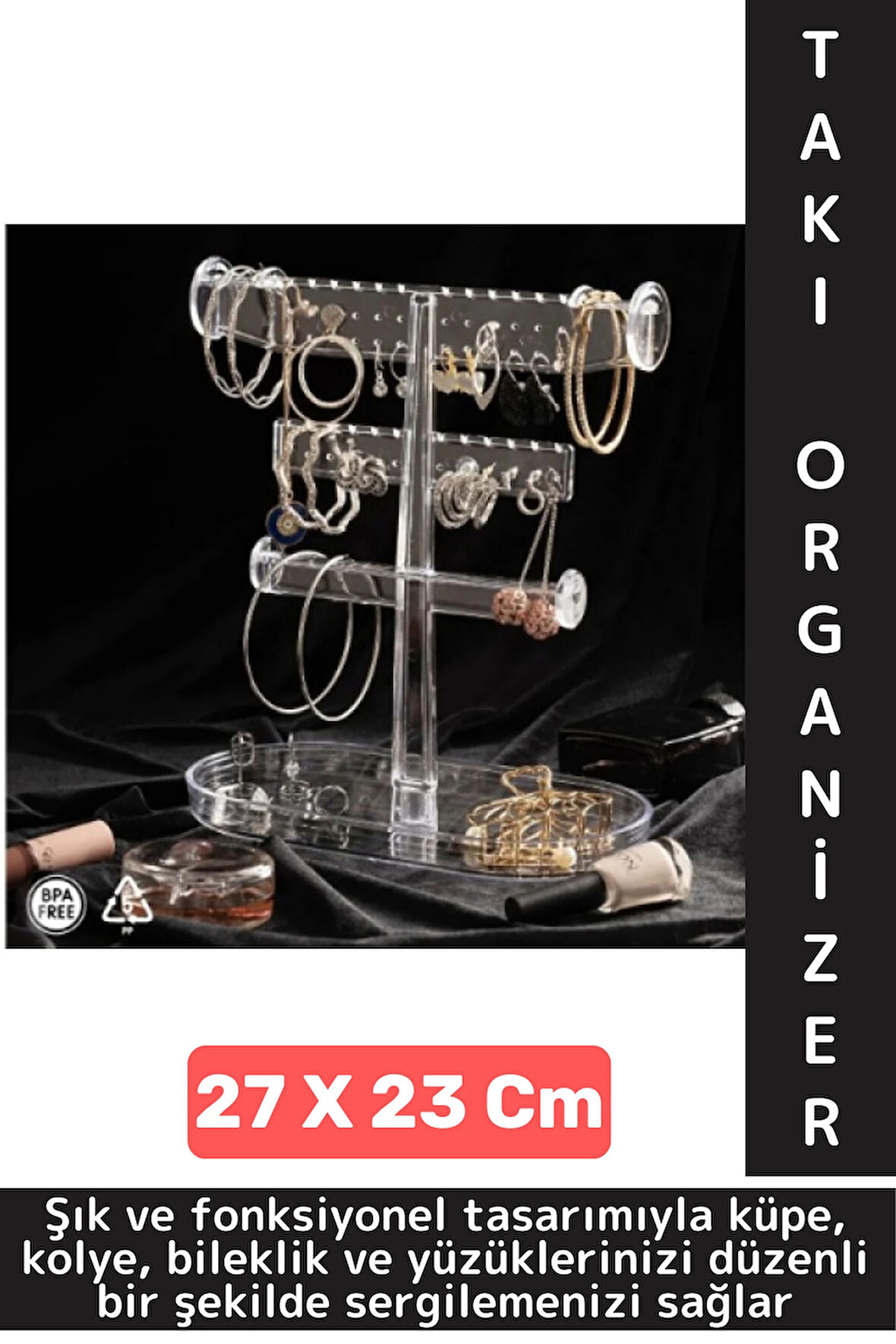 Dayanıklı Çok Şık Modern Pratik Düzenleyici Takı Küpe Kolye Yüzük Şeffaf Takı Organizeri 27 X 23 Cm