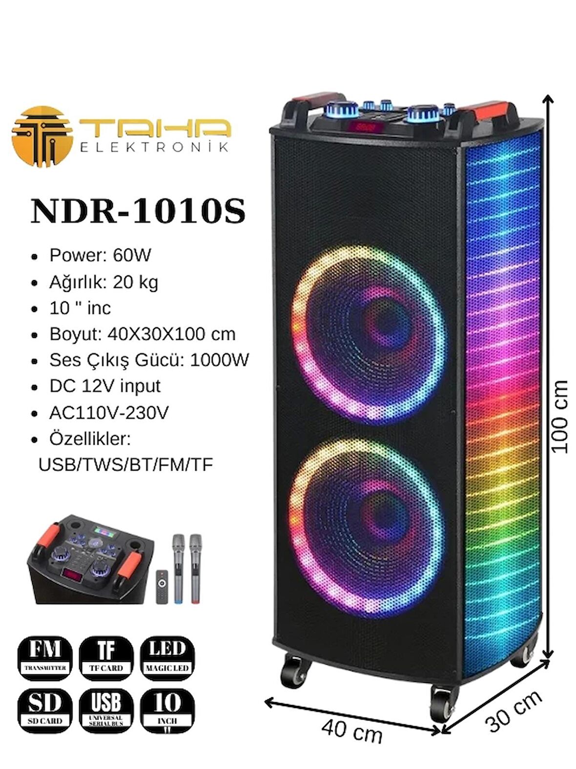 Taşınabilir 10 İnç 60w Tekerli Rgb Işıklı  Bluetooth Mikrofonlu Hoparlör Ndr-A1010S