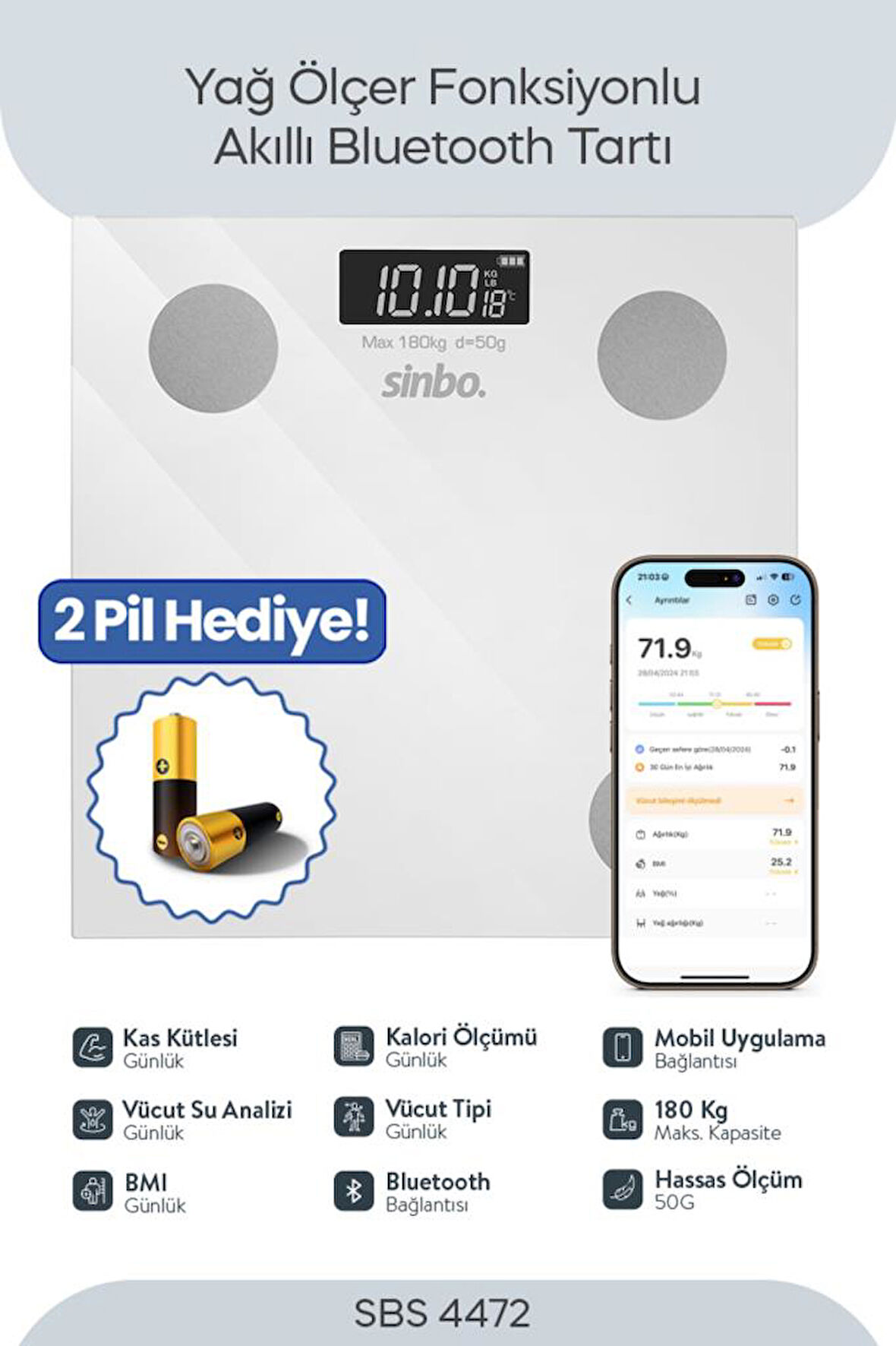 Sinbo SBS- Bluetooth Dijital Yağ Su Kas Vücut Kitle Endeksi Kilo Ölçer Tartı Baskül