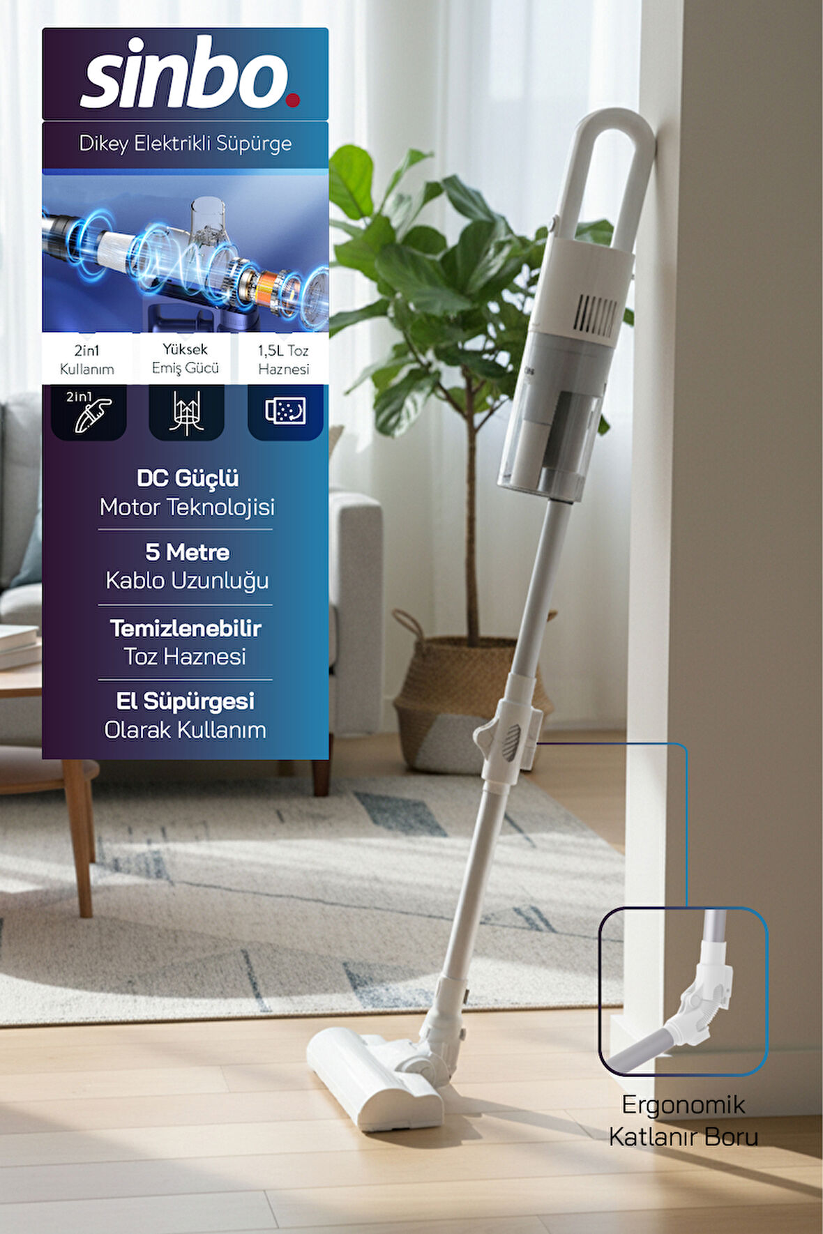 Sinbo SVC-8629 Kablolu Dikey Elektrikli Süpürge - Mavi