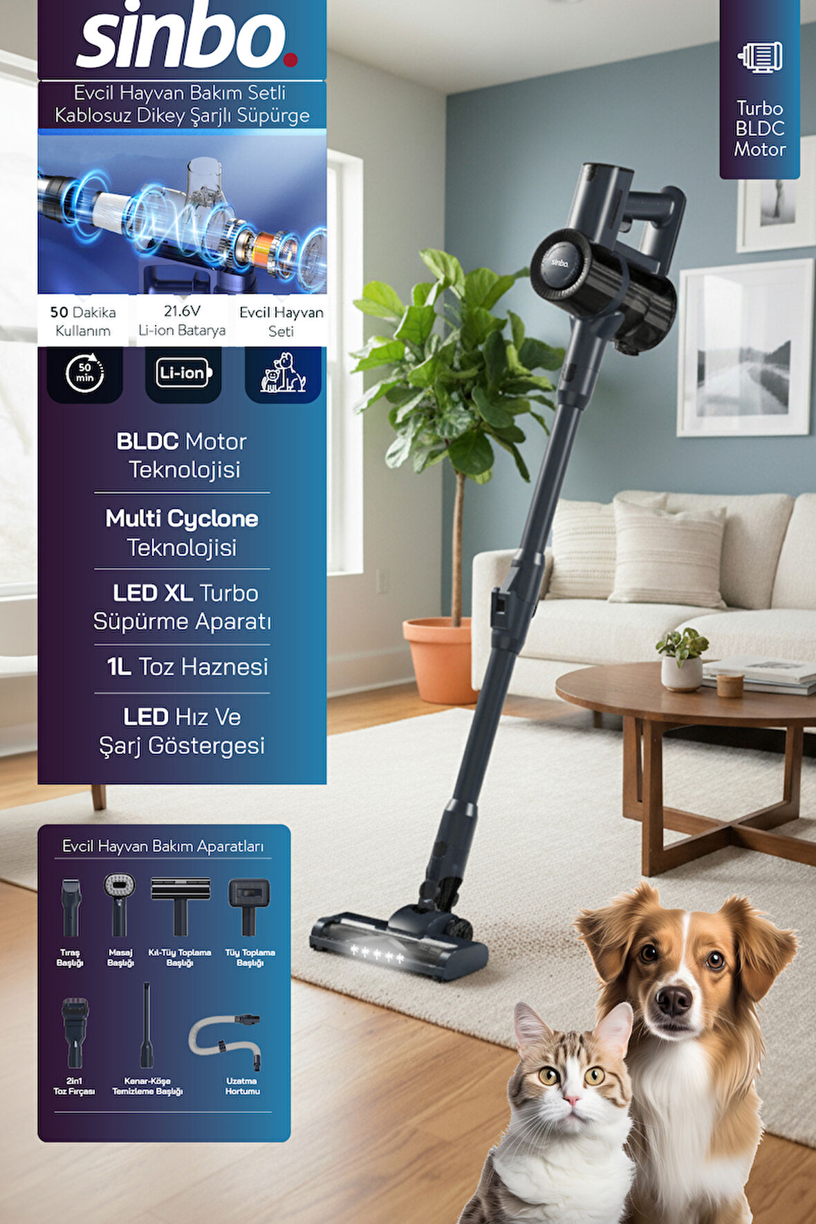 Sinbo SVC-8634 Kablosuz Dikey Süpürge Hayvan Seti