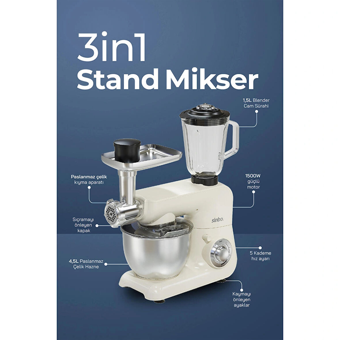 Sinbo SMX-2775 Çok Amaçlı Mutfak Şefi ( Hamur - Kıyma - Blender Makinesi )