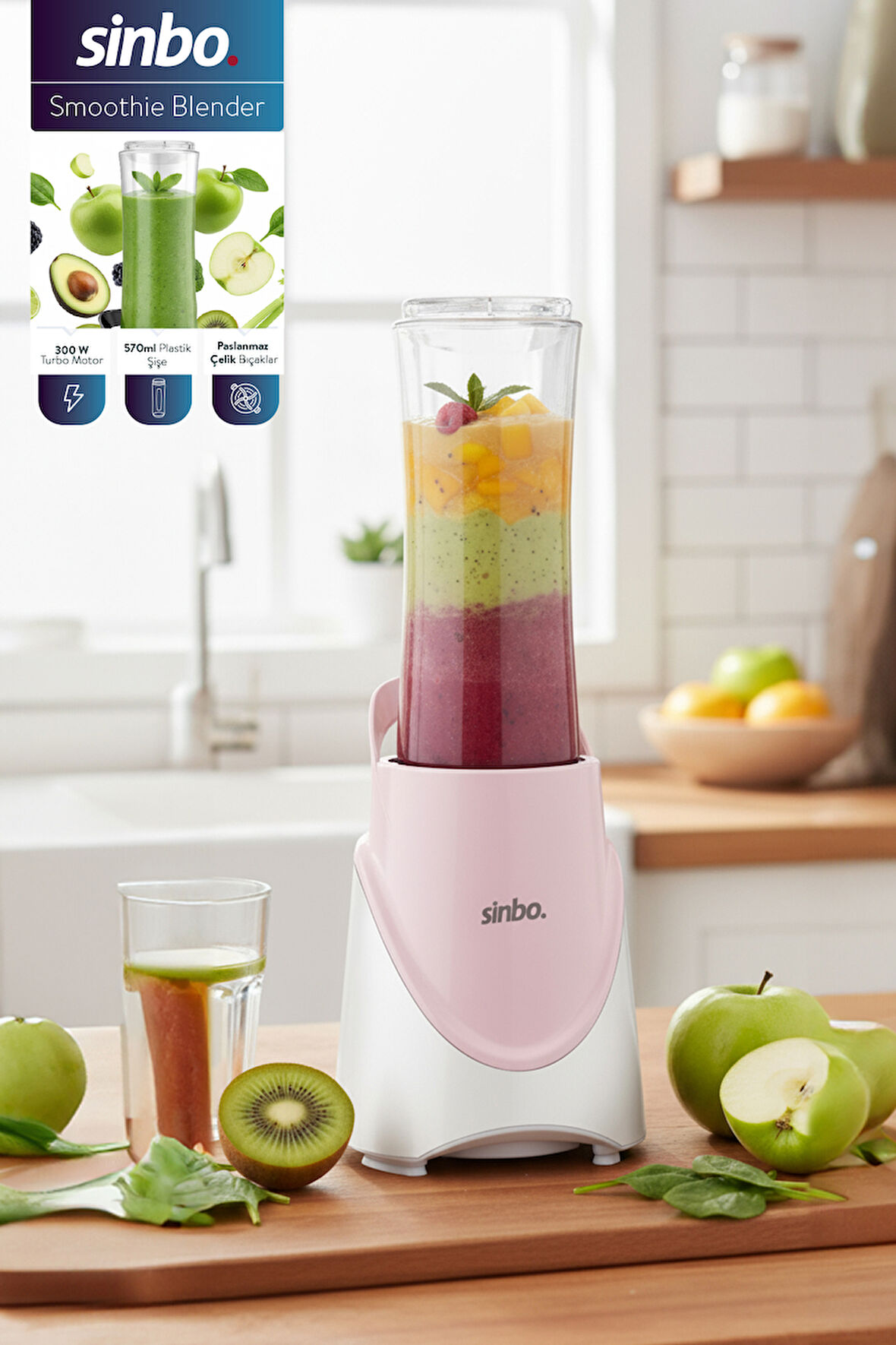 Sinbo SHB-7508 300W Smoothie Blender |Paslanmaz Çelik Bıçaklı, 570 ml Şişe