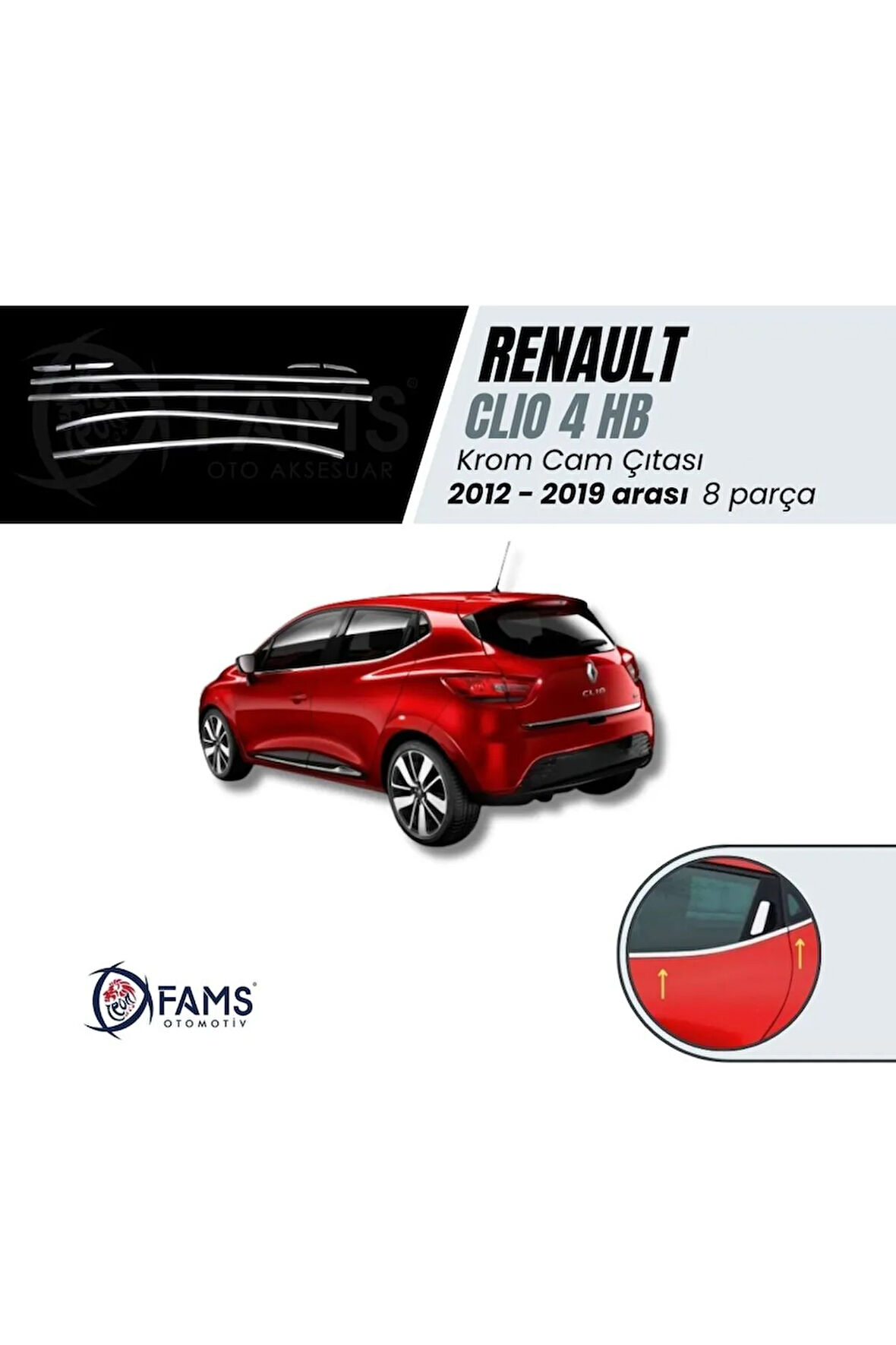 Renault Clio 4 Uyumlu Hb Krom Cam Çıtası 8 Parça 2012-2019 Arası Paslanmaz Ç.