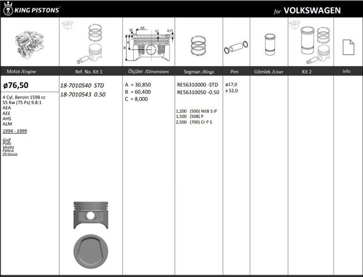 Vag Piston+segman (76,51mm Std) Cordoba İbiza II / III Felicia I / II Octavıa Golf III Polo Vento 1,6 Ae - Kingpiston 18-7010540