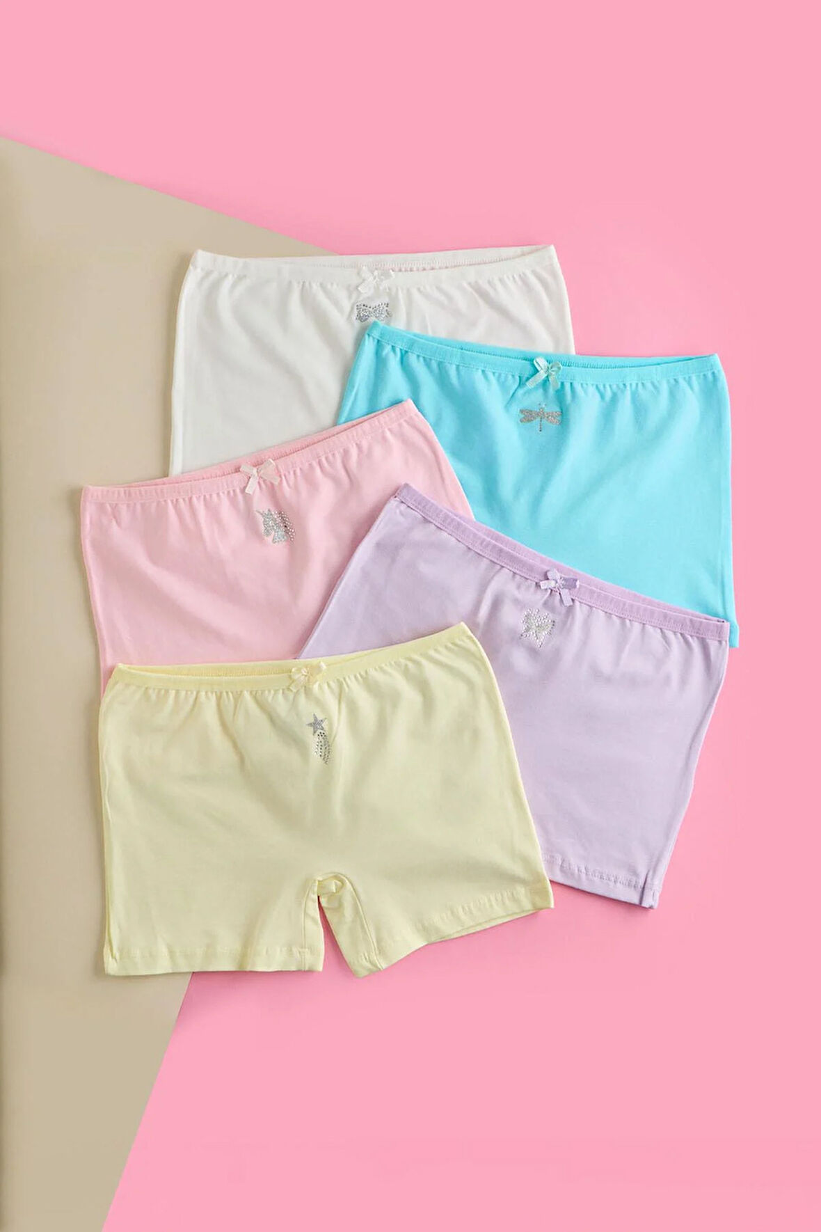 Kız Çocuk  5 li Paket Fiyonk Detaylı Boxer Çok Renkli