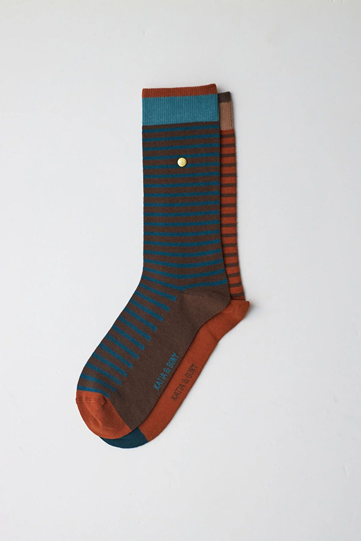 Erkek Zımbalı Çizgili Soket Çorap Lacivert-Kahverengi