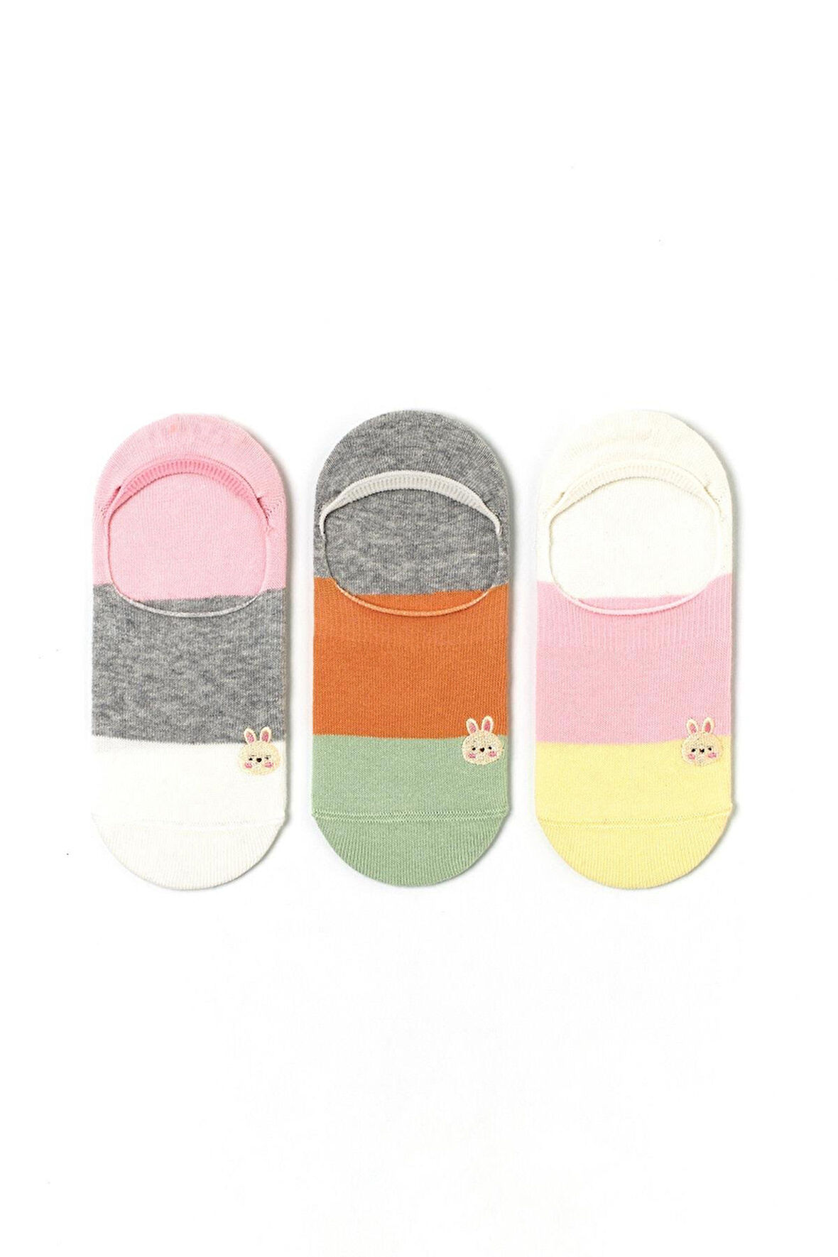 Kadın Tavşan Baskılı 3'lü Görünmez Babet Çorap Çok Renkli 