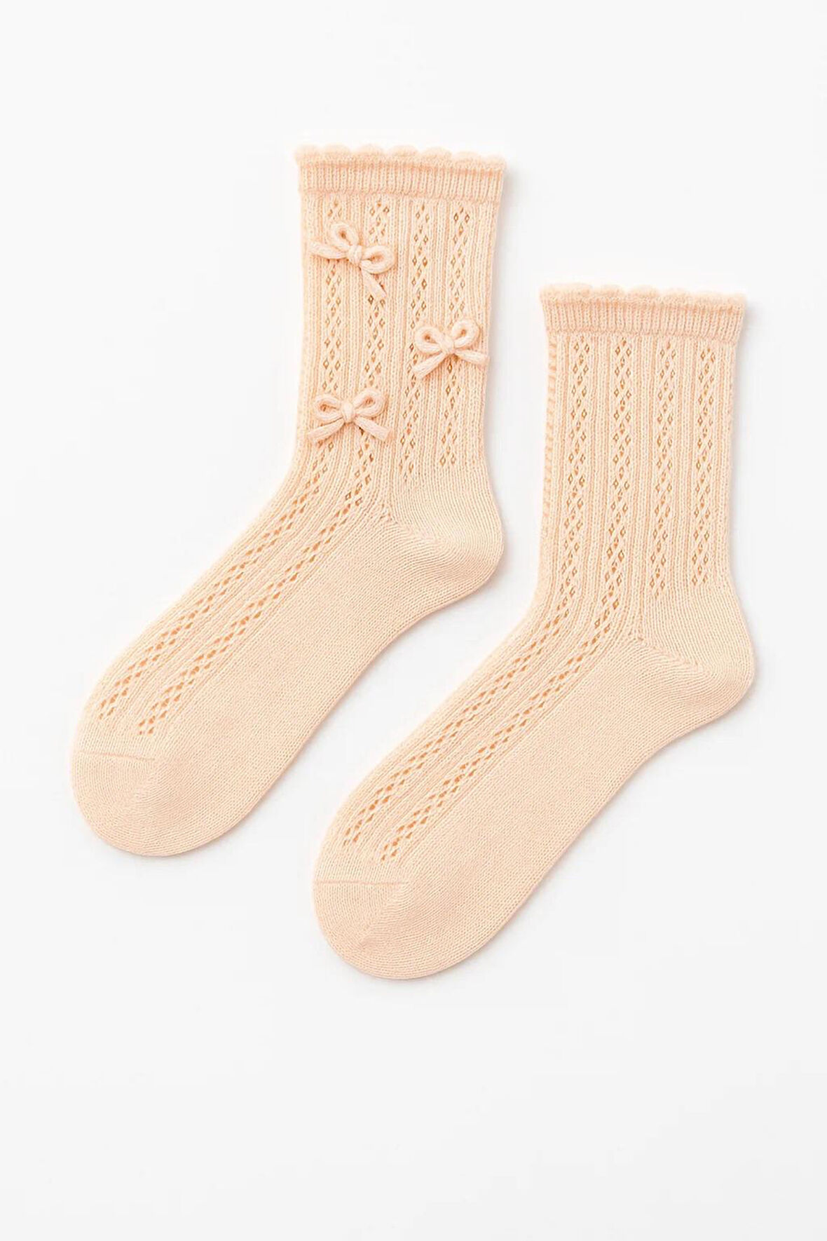 Kadın Örgü Fiyonklu Triko Çorap Ekru