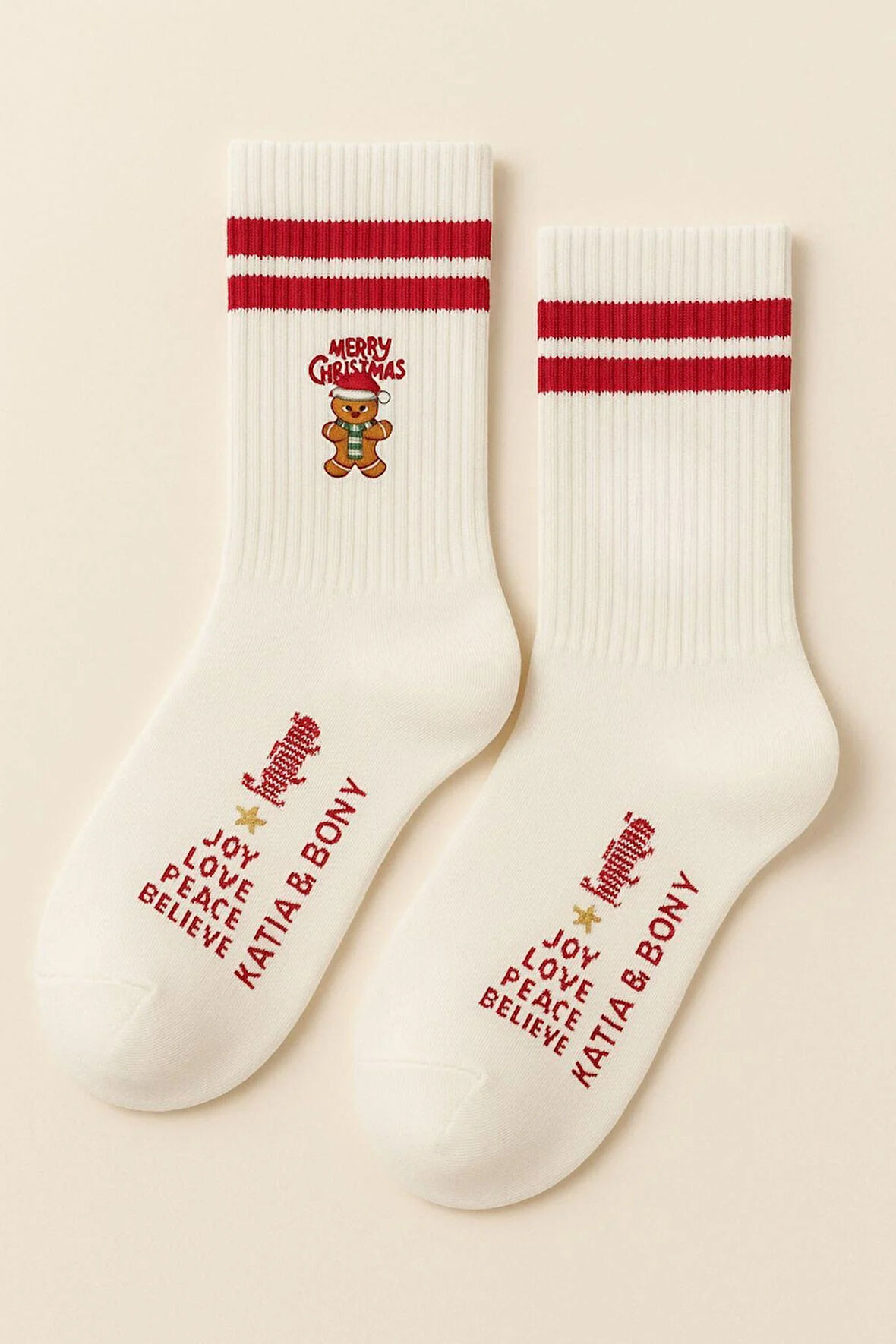 Unisex Gingerbread Man Desenli Soket Çorap Beyaz