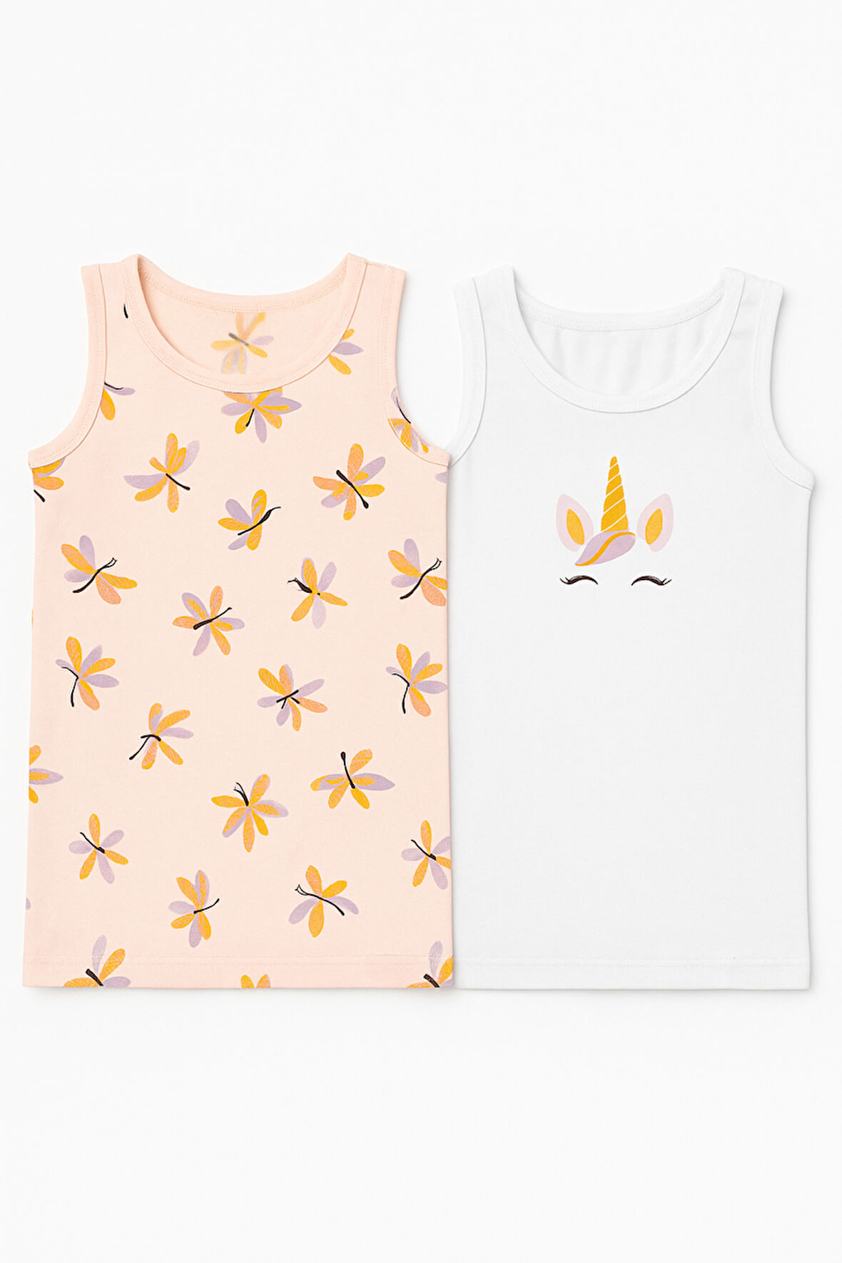 Kız Çocuk Unicorn Desenli 2'li Paket Atlet Beyaz/Açık Pembe 