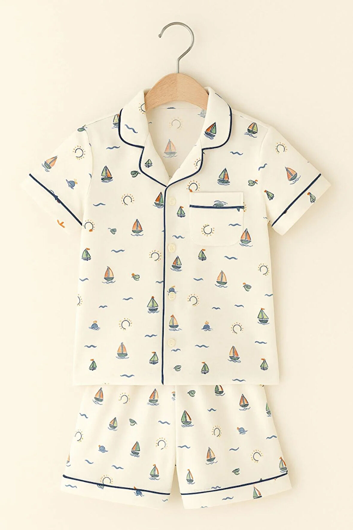 Çocuk Seageo Yelken Desenli Düğmeli Şortlu Pijama Takımı Ekru