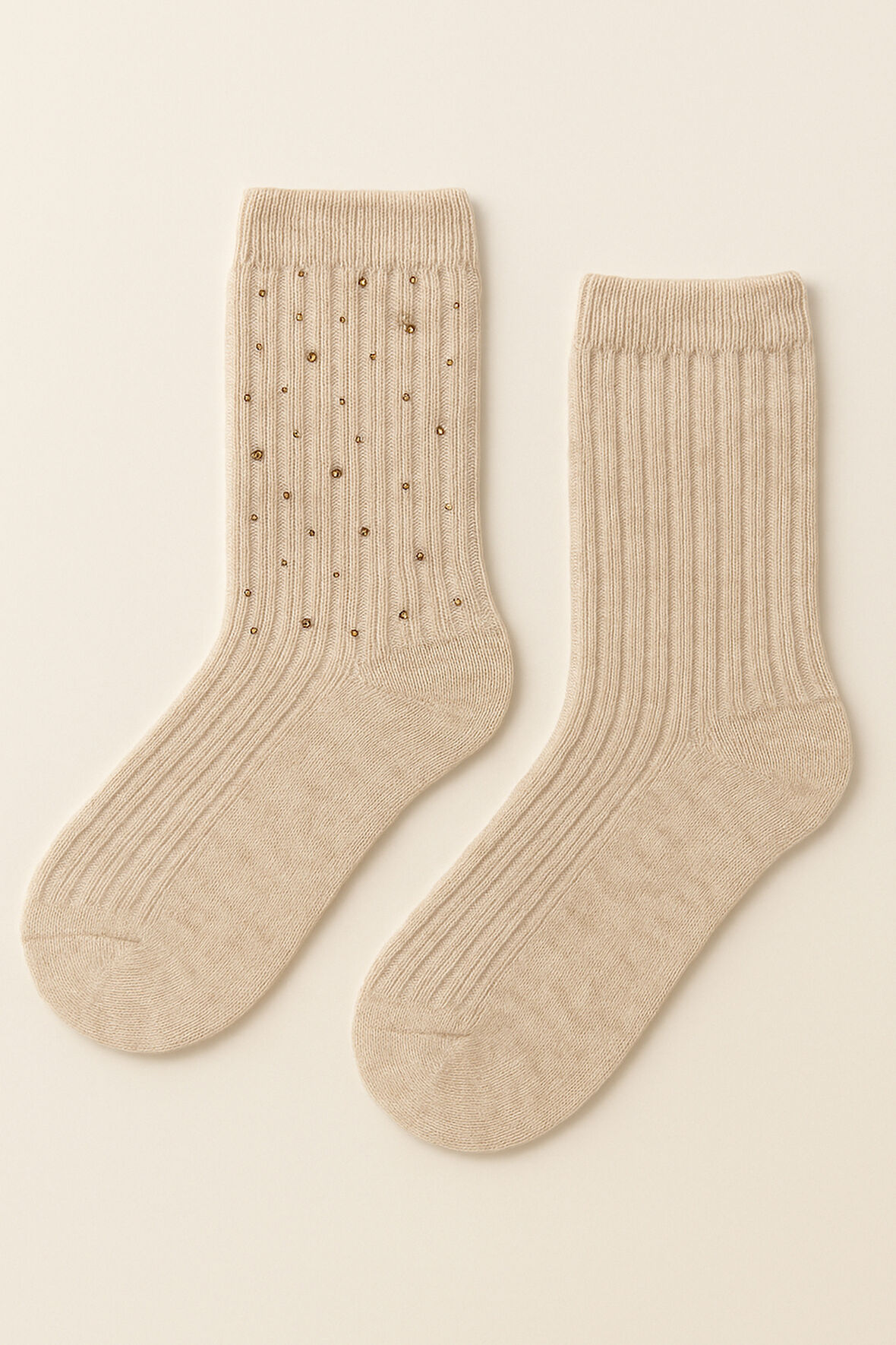 Kadın Taş Aksesuarlı Fitilli Yün Soket Çorap Ekru