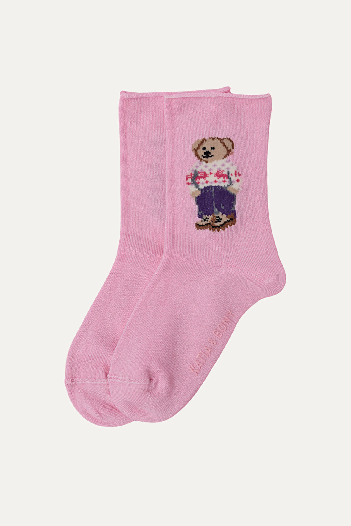 Kız Çocuk Teddy Desenli Latiksiz Modal Soket Çorap Pembe
